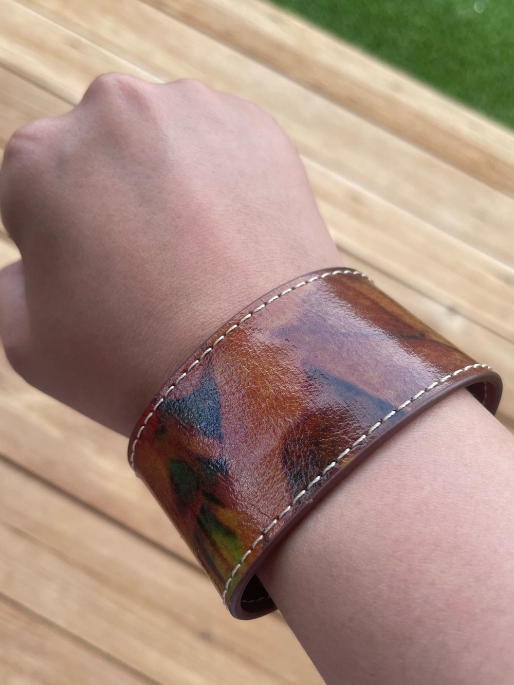 Patricia Nash Artisan Italian Leather Floral Cuff Bracelet Brass Lock - Picture 2 of 7